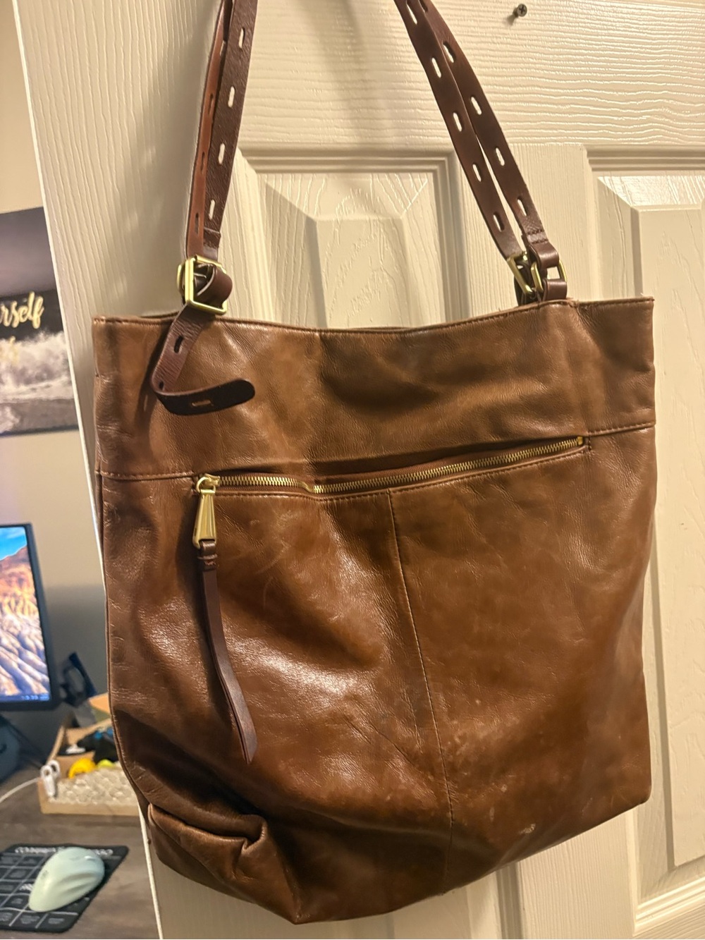 HOBO Cognac Brown Leather Tote with Perforated Straps - Picture 5 of 15
